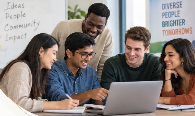 A diverse group of young adults learning together around a laptop